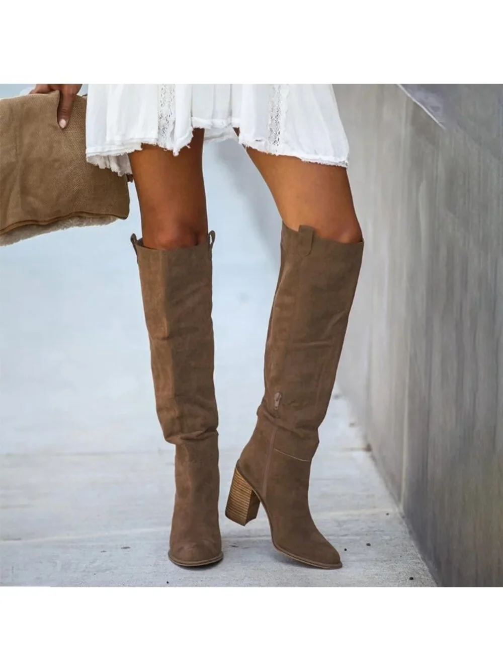 Women's Taupe High Heel Round Toe Faux Suede Side Zipper Slouch Knee High Boots